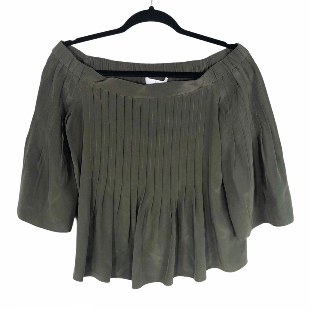 Tibi Olive Green Silk Off Shoulder Top
